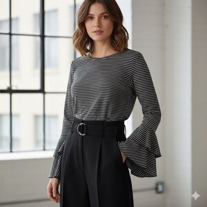 Andthewhy Women's green & cream Striped Bell Sleeve Blouse Size S